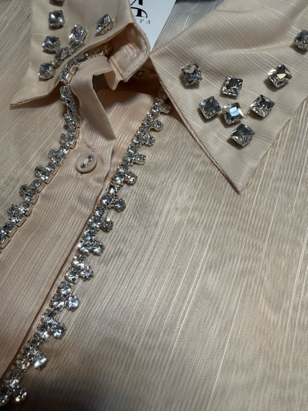 Sheer Puff-Sleeve Blouse with Crystal-Trim Collar - Blush - Picture 2 of 4